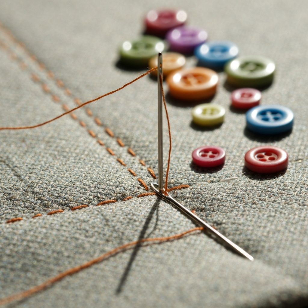 Szczegóły pracy krawieciej - igła nić guziki i wysokiej jakości tkanina