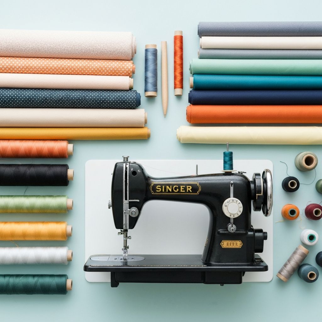 Profesjonalne biuro szycia z maszyna do szycia, kolorowymi nićmi i rolkami tkanin
